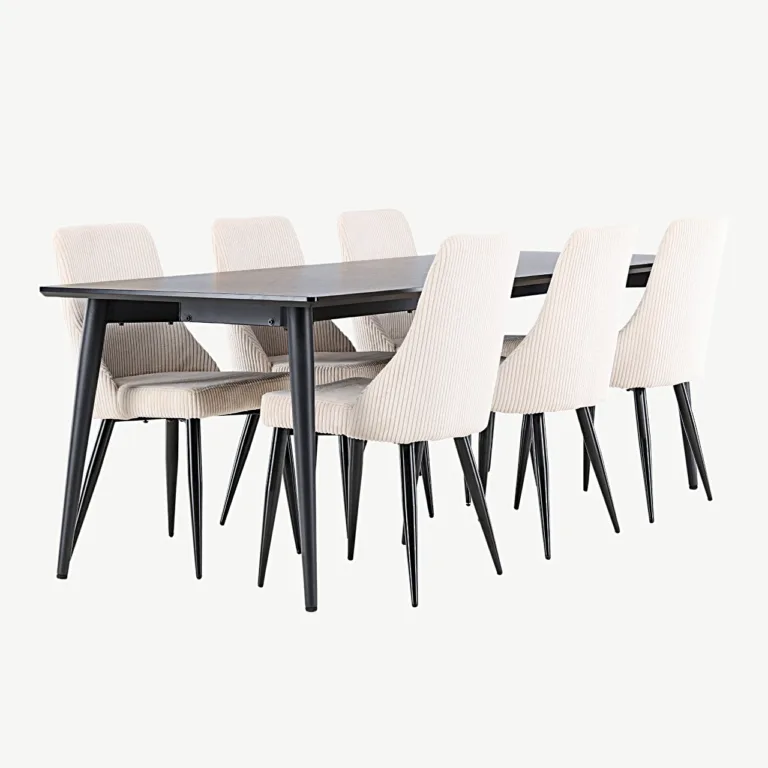 Ellise must söögitoakomplekt (MDF laud, beežid kordveluurist toolid, 230×85 cm) - GR24608