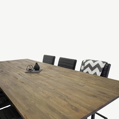 Padangi tiigipuust tööstuslik söögilaud ja 6 musta PU tooli (250x100 cm) - GR578