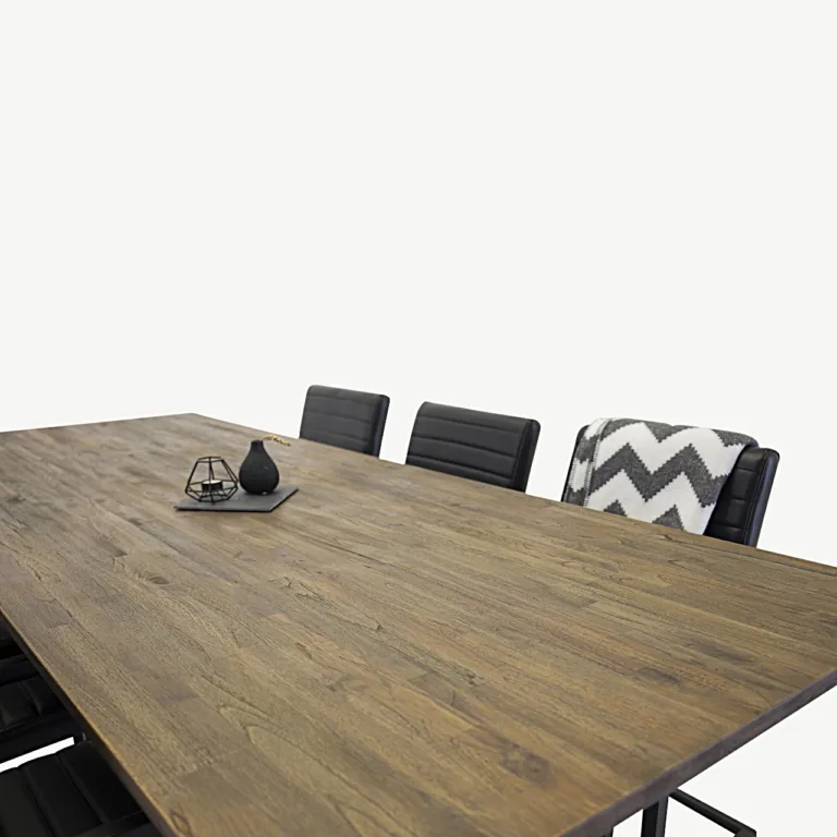 Padangi tiigipuust tööstuslik söögilaud ja 6 musta PU tooli (250x100 cm) - GR578