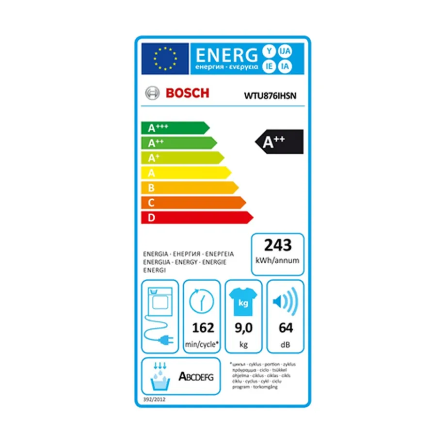 Bosch WTU876IHSN 9 kg valge A++ soojuspumbaga kuivati LED-ekraaniga 60 cm - 10