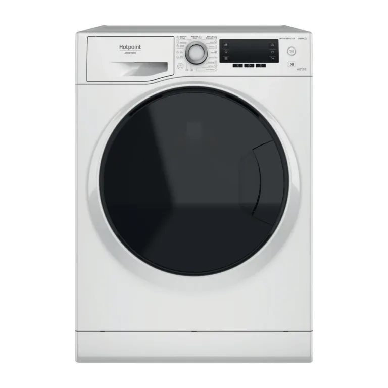 Valge esilaetav pesumasin-kuivati Hotpoint NDD 11725 DA EE eestvaates
