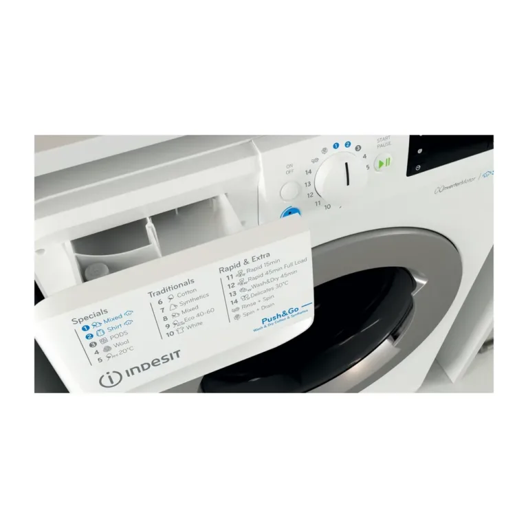 valge pesumasin kuivatiga Indesit BDE 76435 juhtpaneel