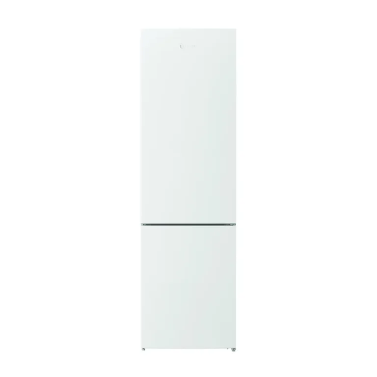 Valge Indesit kombikülmik alumise sügavkülmaga avatud uksed
