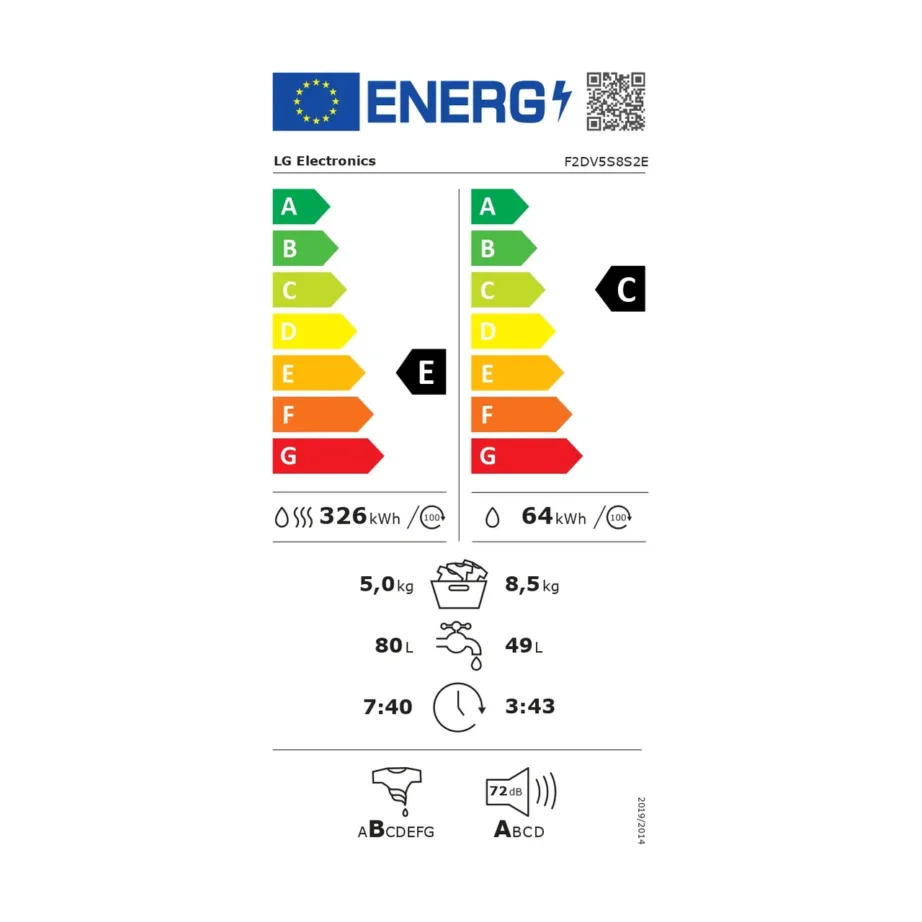 LG F2DV5S8S2E 60 cm valge pesumasin-kuivati 8,5/5 kg aurufunktsiooni ja Wi-Fi-ga – 8