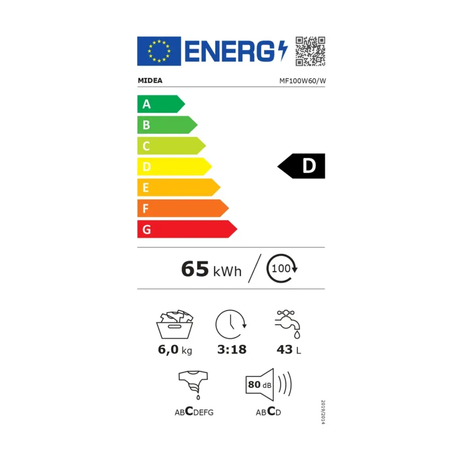 Midea MF100W60/W 6 kg valge esilaetav pesumasin LED-ekraaniga 60 cm - 6