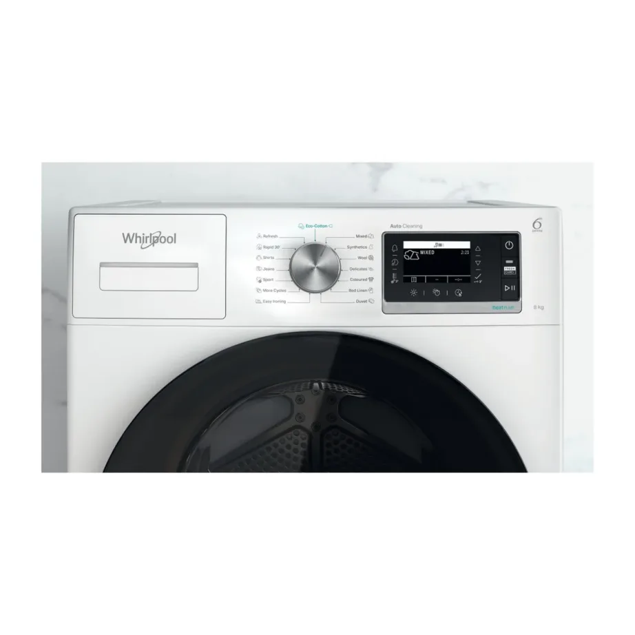 Whirlpool W6 D84WB EE 8 kg valge soojuspumbaga kuivati LCD-ekraaniga 60 cm – 8
