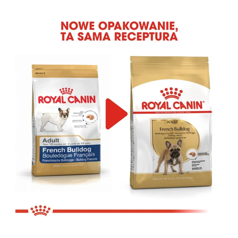 Royal Canin French Bulldog Adult pakendimuutus, vana ja uus pakend kõrvuti