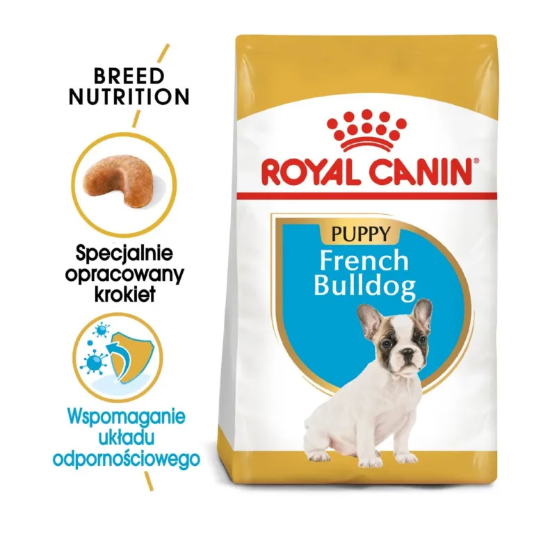Royal Canin French Bulldog Puppy pakk koos graanulite ja tugeva immuunsuse ikoonidega