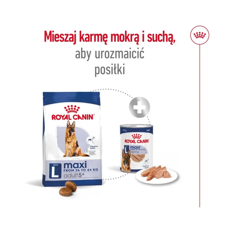 Royal Canin Maxi Adult 5+ kuivtoidu ja konservid koos