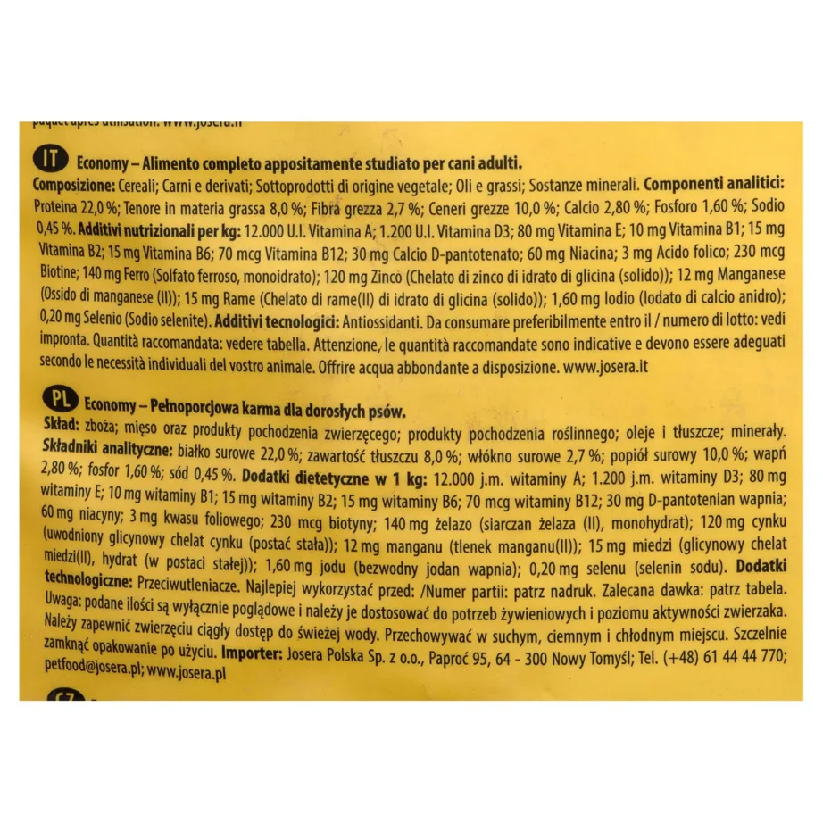 Josera JosiDog Economy koostisosade ja analüüsi silt