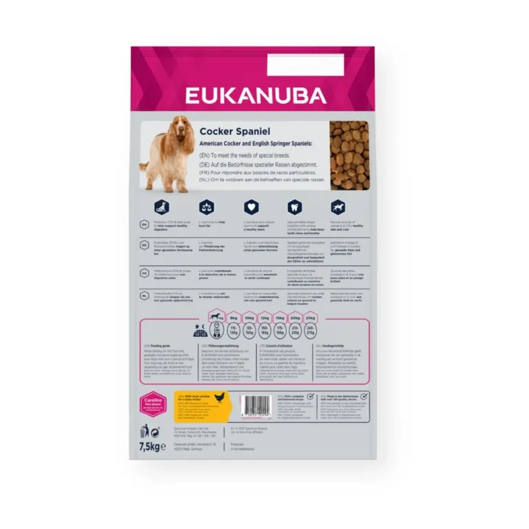 Eukanuba cocker spanieli kuivtoit kana tagakülg 7,5kg pakend