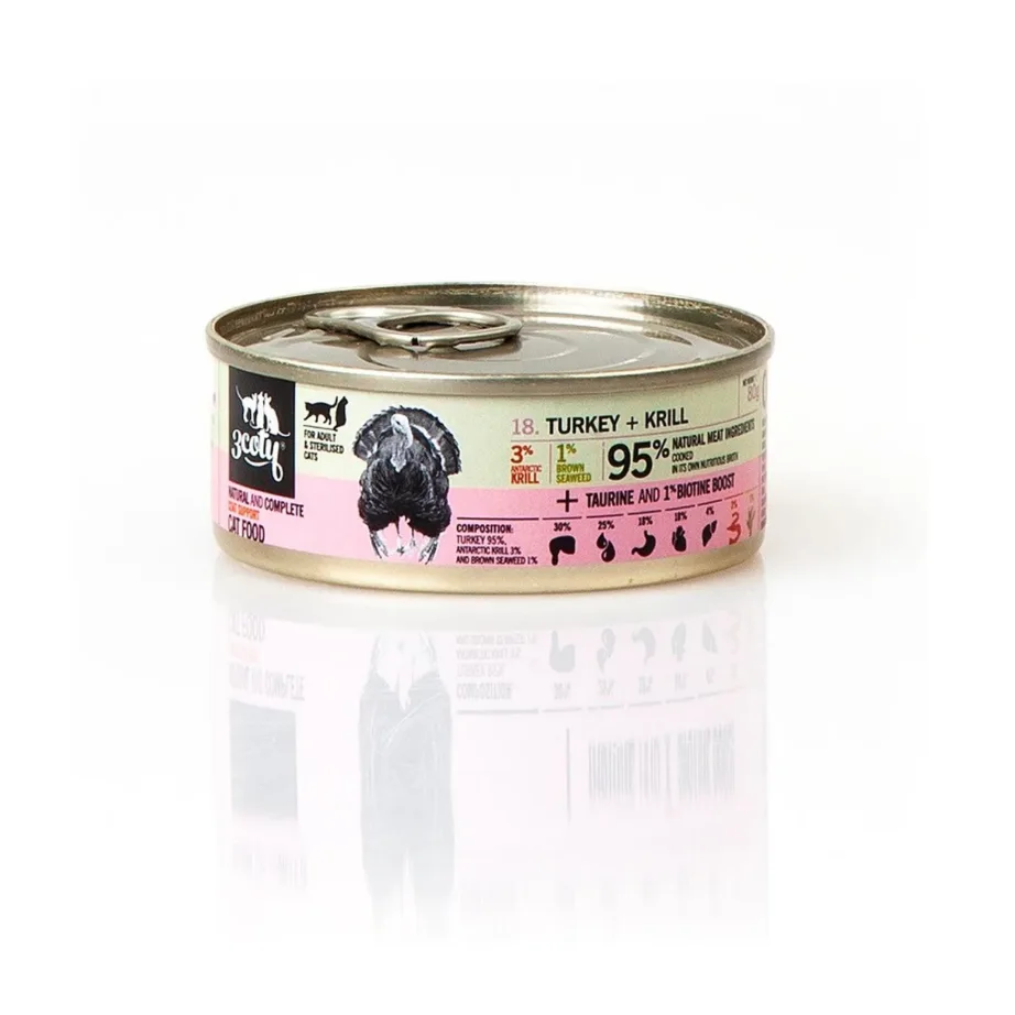 3coty Turkey with Krill 80g teraviljavaba märgtoit täiskasvanud kassile karvkatte ja naha toetuseks