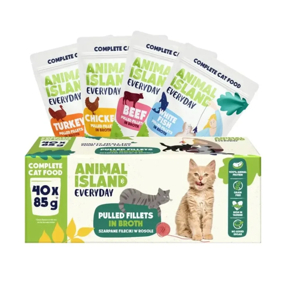 ANIMAL ISLAND Everyday 40 x 85 g veise-, kana-, kalkuni- ja valgekalafileed kastmes täiskasvanud kassidele, teravilja- ja gluteenivaba märgtoit