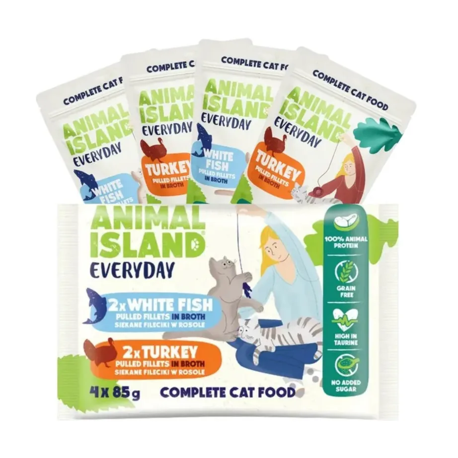 ANIMAL ISLAND Everyday 4x85g kalkuni- ja valge kala fileed puljongis täiskasvanud kasside märgtoit, gluteeni- ja teraviljavaba