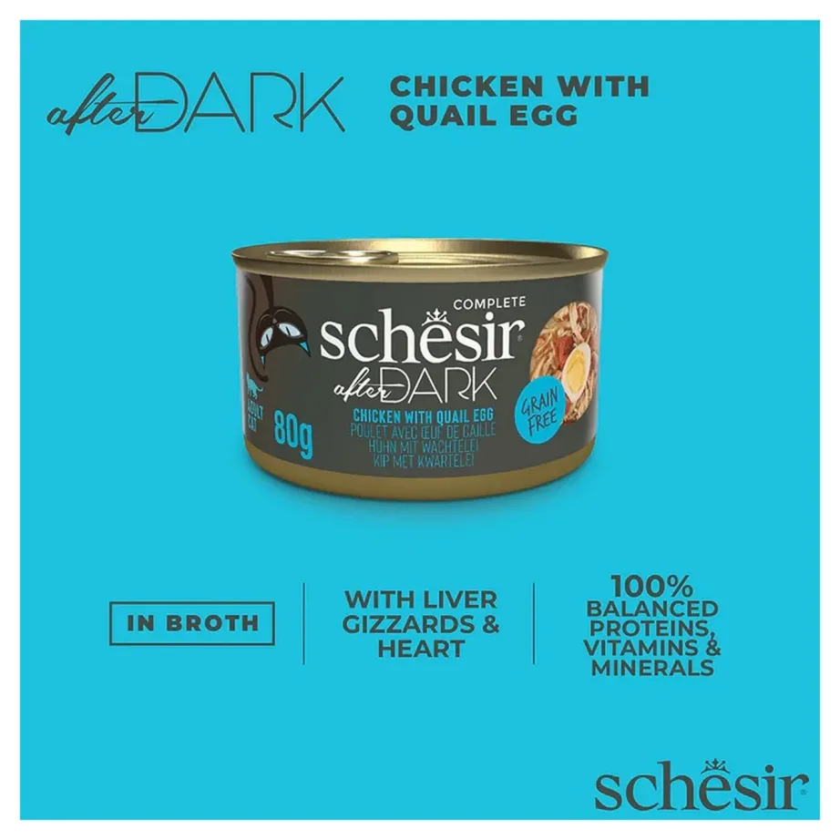 Agras Pet Foods Schesir After Dark kanafilee ja vutimunaga 80g märgtoit täiskasvanud kassidele – 6