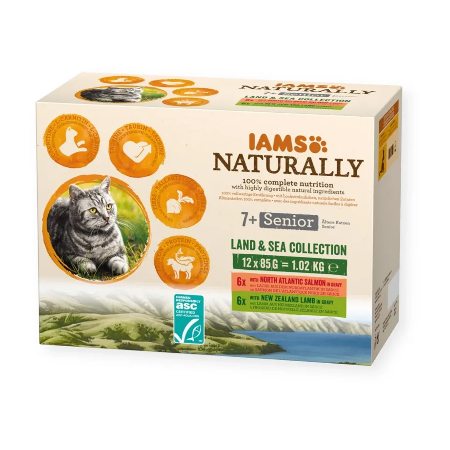 IAMS Naturally Senior 12 x 85 g gluteenivaba teraviljavaba kalamaitseline märgtoit eakatele kassidele