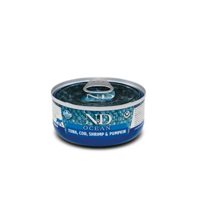 tuunikala ja tursaga märgtoit kassile Farmina N&D Ocean 70g purk