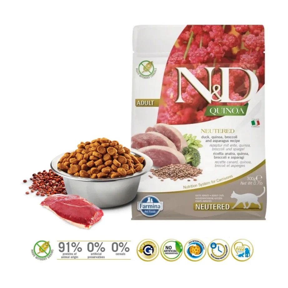 pardiliha kuivtoit steriliseeritud kassile Farmina N&D Quinoa 300 g pakend ja toitudiagrammid