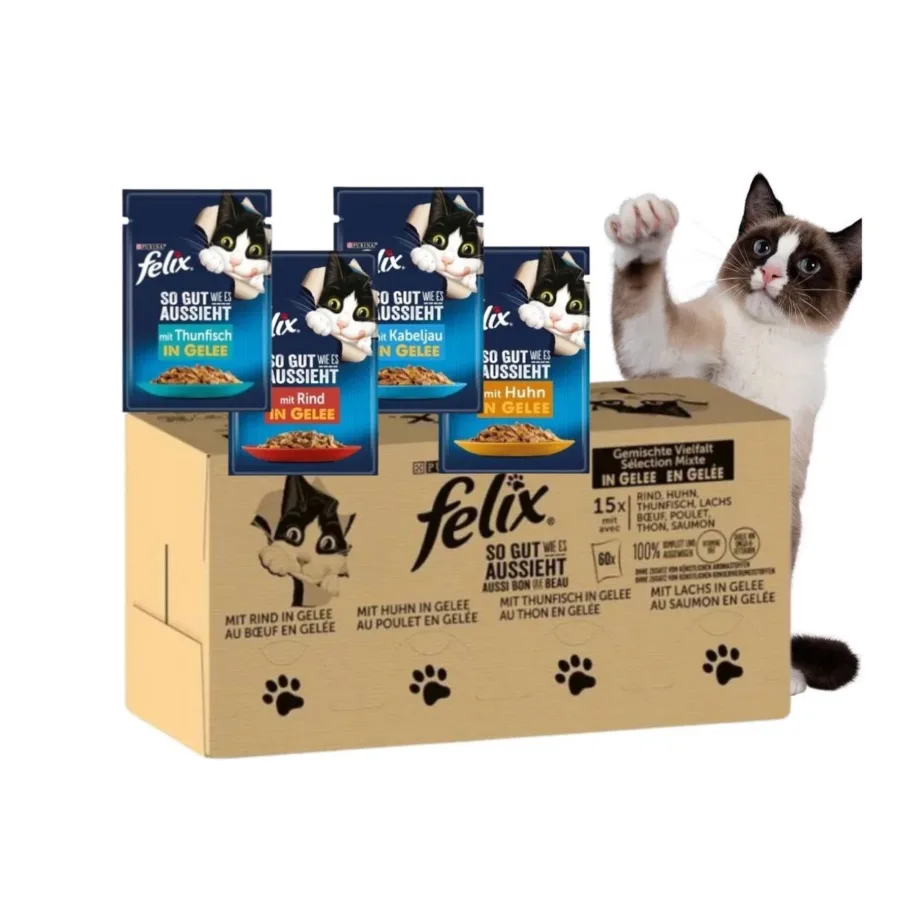 Purina Felix MIX 120x85g kassidele, veise-, kana-, tursa- ja tuunikalamaitseline märgtoit, 120 portsjonit – 2