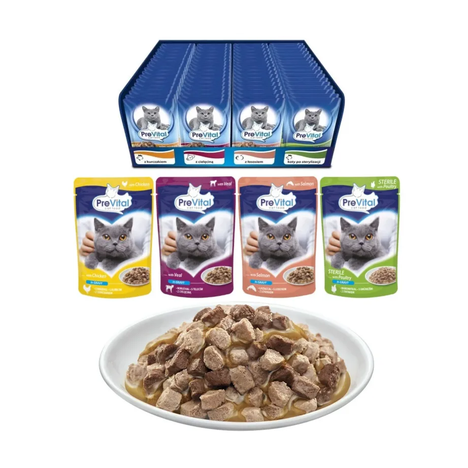 PREVITAL Mix 96 x 100g märgtoit steriliseeritud täiskasvanud kassidele, 4 maitset (kana, vasikaliha, lõhe, linnuliha)