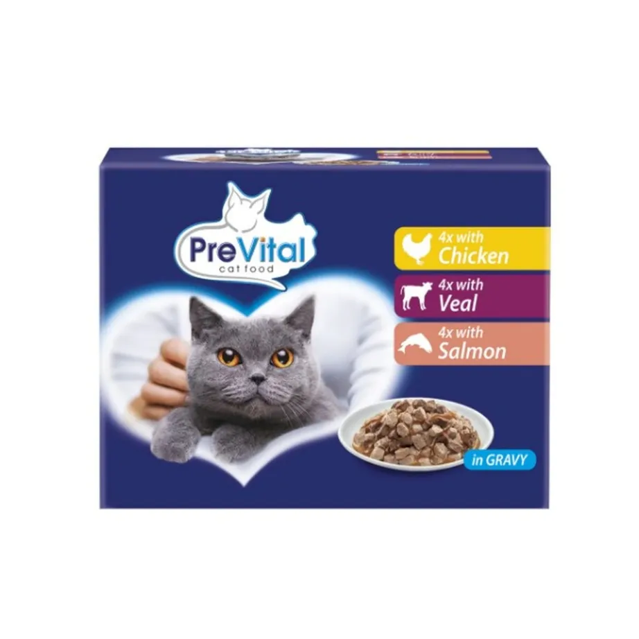 PreVital Mix of Flavors 12x100g kanaliha, vasikaliha ja lõhega täiskasvanud kasside märgtoit kotikestes