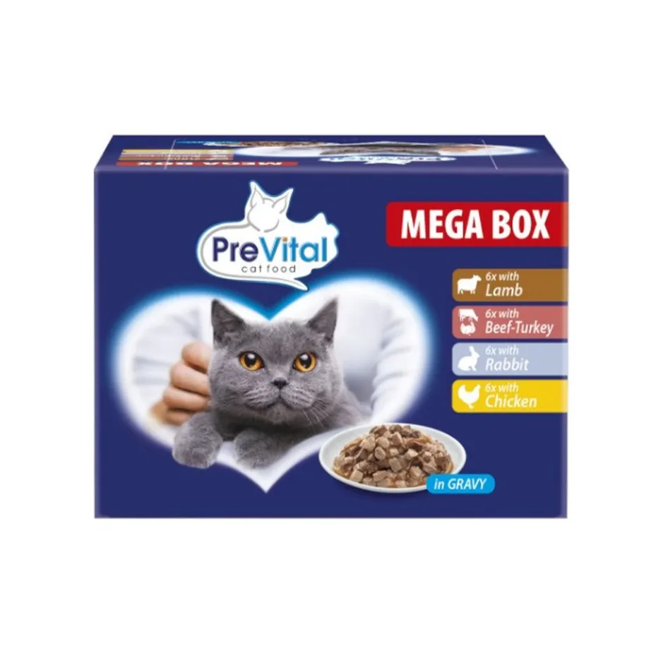 PreVital Megabox 24x100g märg kassitoit lambaliha, veiseliha, küüliku ja kanaga täiskasvanud kassile