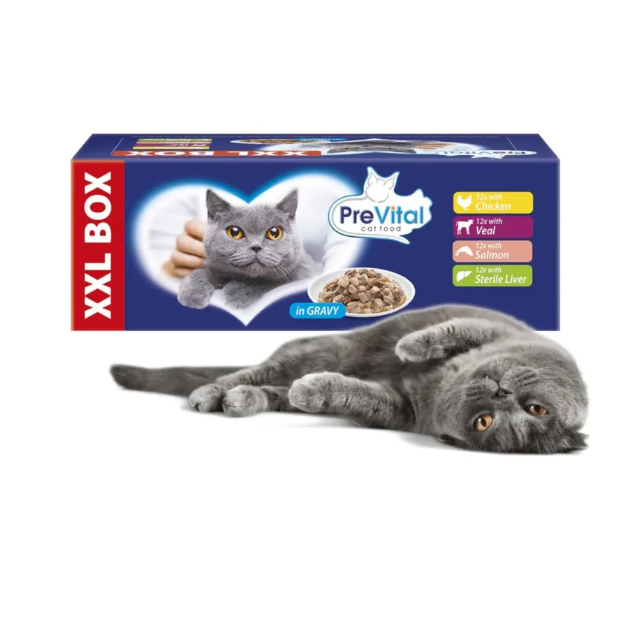 PreVital XXL Box 48x100g märg kassitoit kastmes kanaliha, vasikaliha, lõhe ja maksaga steriliseeritud täiskasvanud kassidele – 5