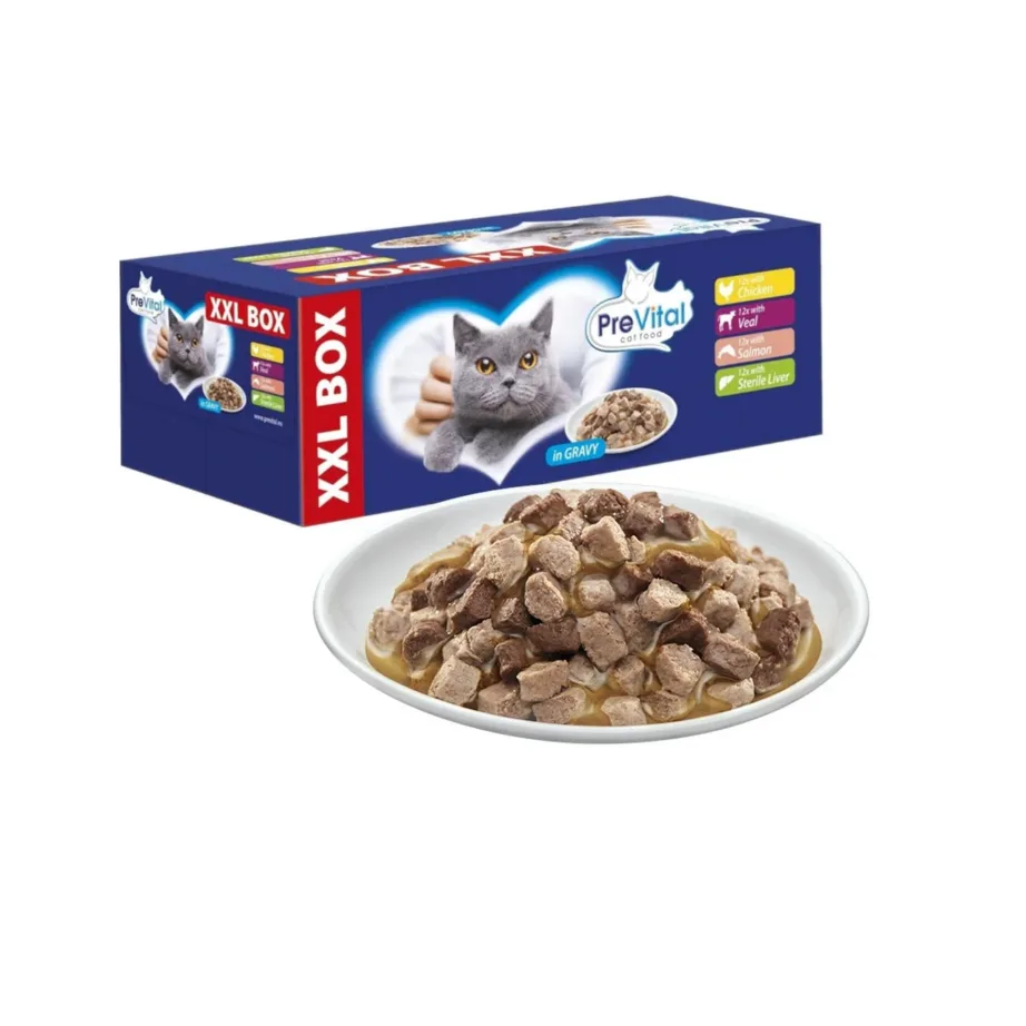 PreVital XXL Box 48x100g märg kassitoit kastmes kanaliha, vasikaliha, lõhe ja maksaga steriliseeritud täiskasvanud kassidele – 6