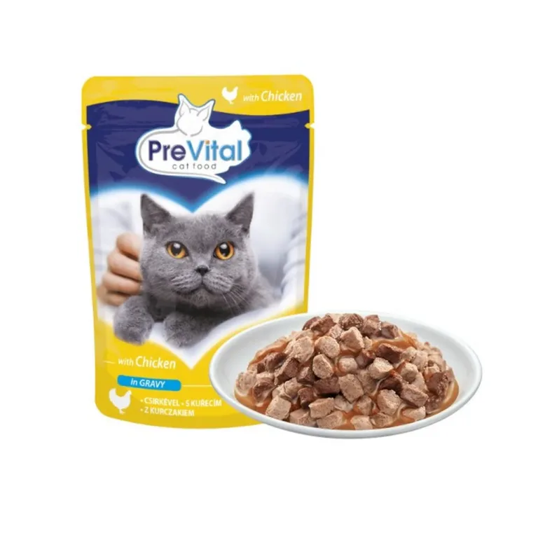 PreVital Chicken in Gravy pakend ja serveeritud toit