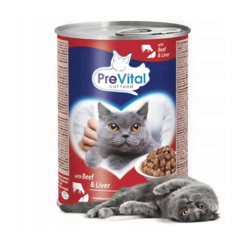 PreVital veiseliha ja maksa märg kassitoit purk ja hall kass