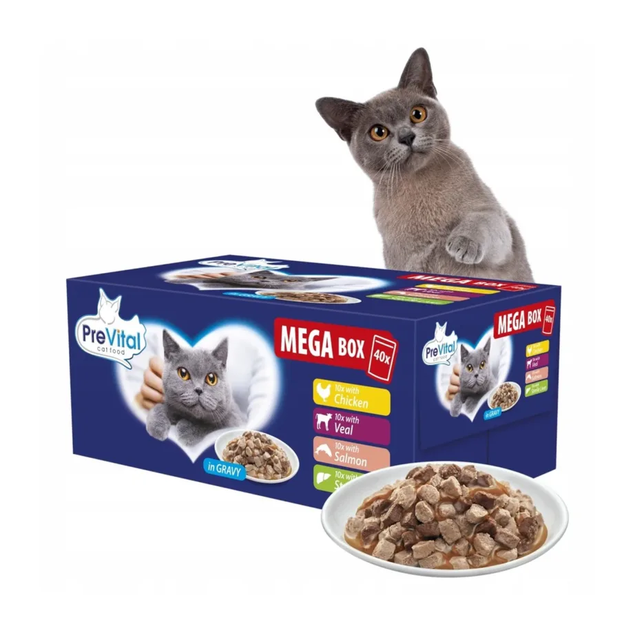 PreVital Mega Box 40x100g veise, lõhe, maksa ja kanaga gluteenivaba täistoit täiskasvanud kassile – 2