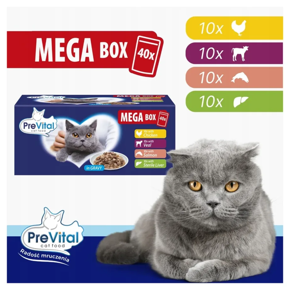 PreVital Mega Box 40x100g veise, lõhe, maksa ja kanaga gluteenivaba täistoit täiskasvanud kassile – 4
