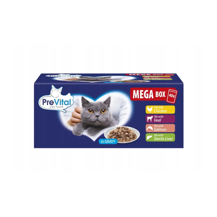 PreVital Mega Box 40x100g veise, lõhe, maksa ja kanaga gluteenivaba täistoit täiskasvanud kassile