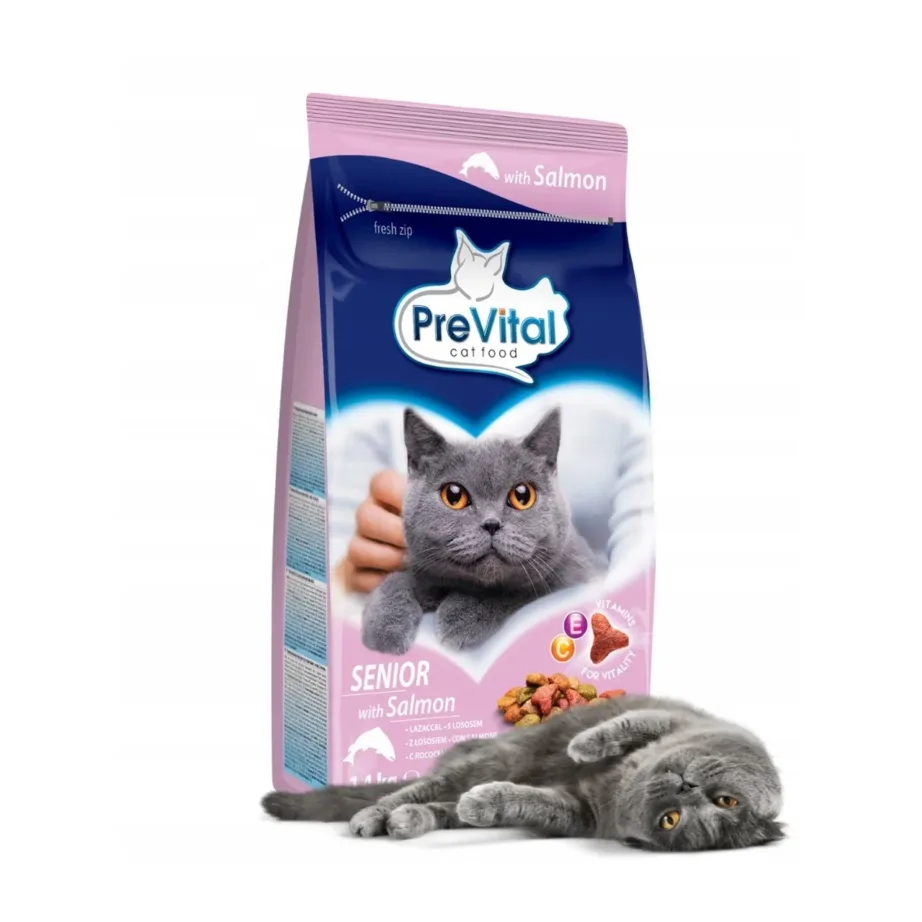 PreVital senior kasside lõhega kuivtoit, pakk ja hall kass