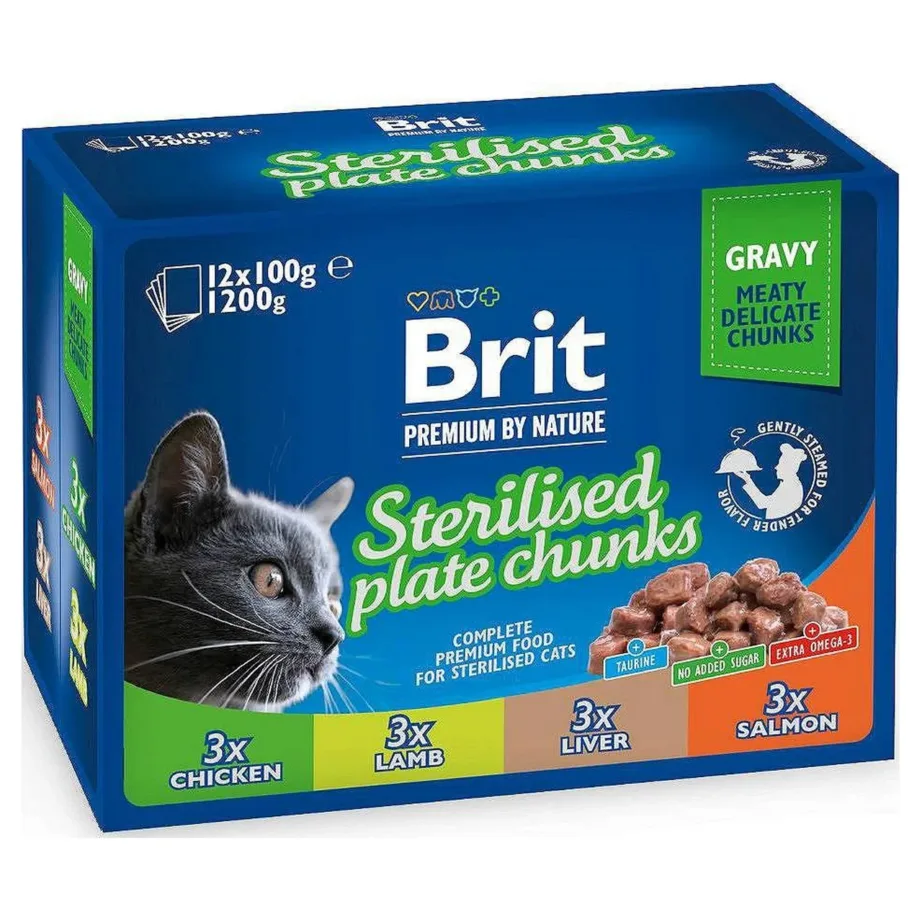 Brit Premium by Nature Sterilised 12x100g märgtoit kana, lõhe, lambaliha ja maksaga täiskasvanud steriliseeritud kassile