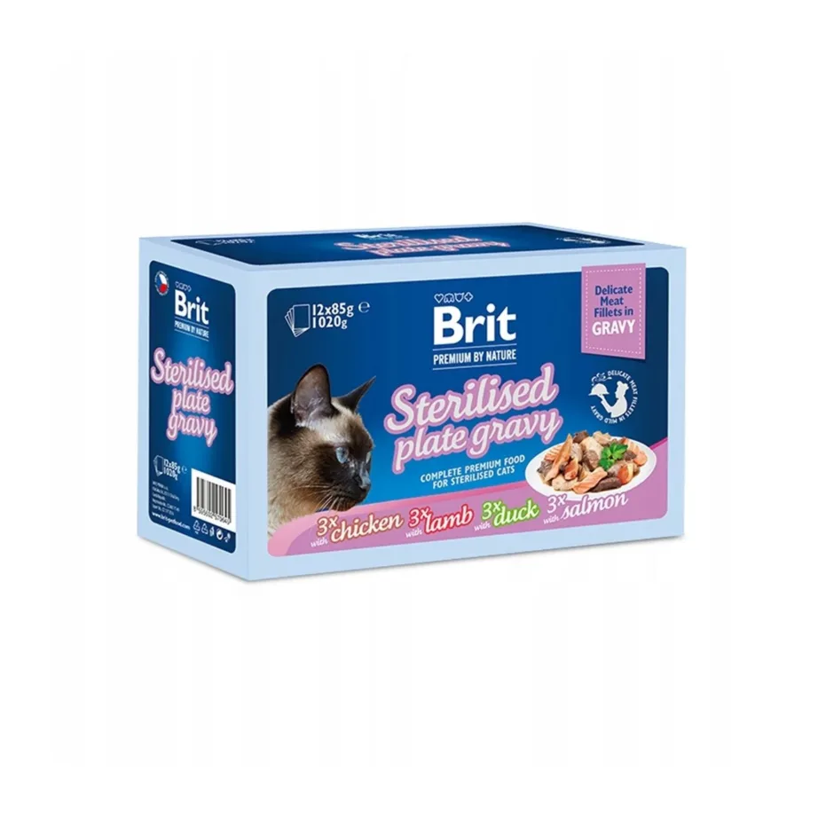 Brit Premium by Nature Sterilised 12x85g segumaitselised kastmes kassitoidu pakid täiskasvanud steriliseeritud kassidele