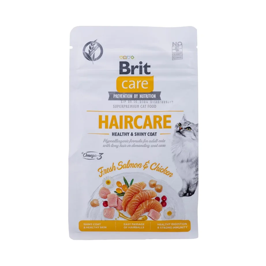 Brit Care Grain Free Haircare 400 g teraviljavaba kuivtoit lõhe ja kanaga täiskasvanud kassile karva ja naha tervise toetamiseks