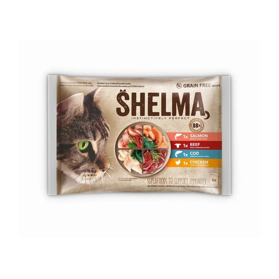 Shelma 4x85g täissööt täiskasvanud kassile, teravilja- ja gluteenivaba märgtoit lõhe, tursa, veiseliha ja kanalihaga