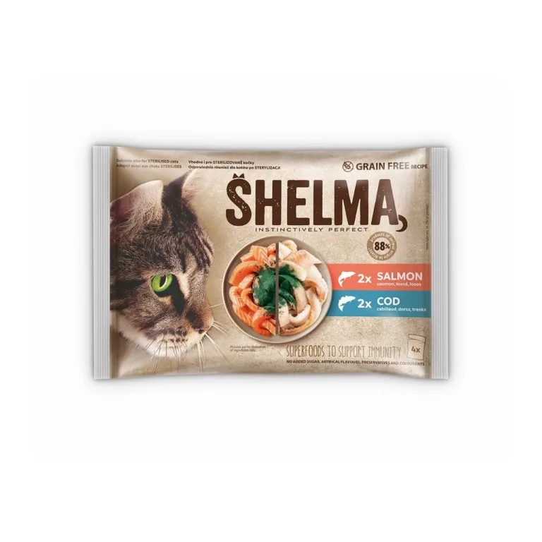 SHELMA lõhe ja tursaga märg kassitoit pakend 4x85g