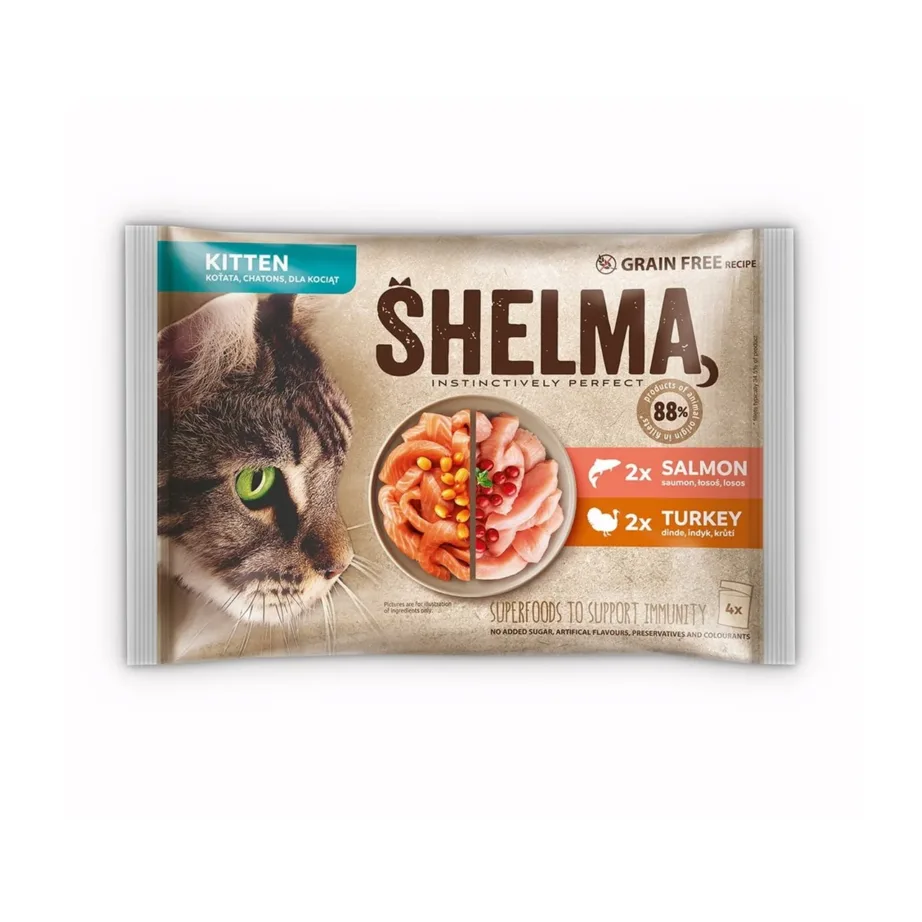 SHELMA Kitten 4x85g teraviljavaba märgtoit lõhe ja kalkuniga kassipoegadele