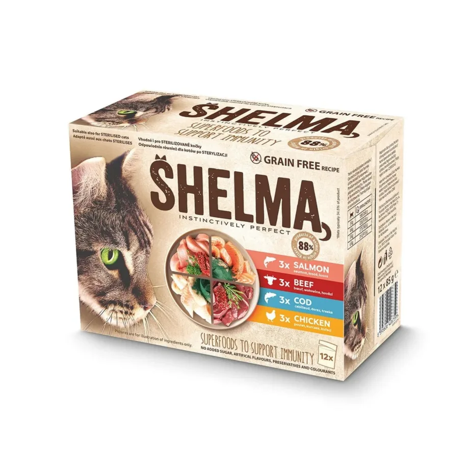 SHELMA 12x85g märgtoit lõhe, tursa, kana ja veiselihaga täiskasvanud kassidele, teravilja- ja gluteenivaba