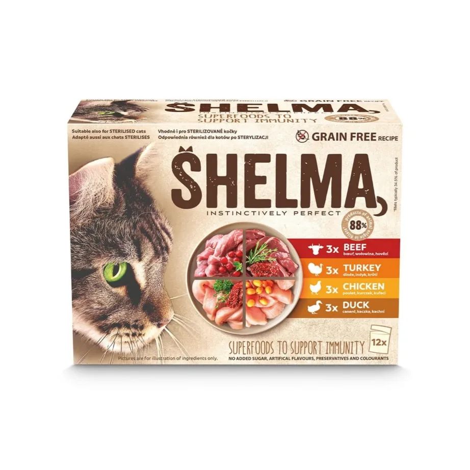 SHELMA 12x85g kalkuni-, pardi-, kana- ja veiselihaga gluteenivaba täissööt kastmes täiskasvanud kassidele