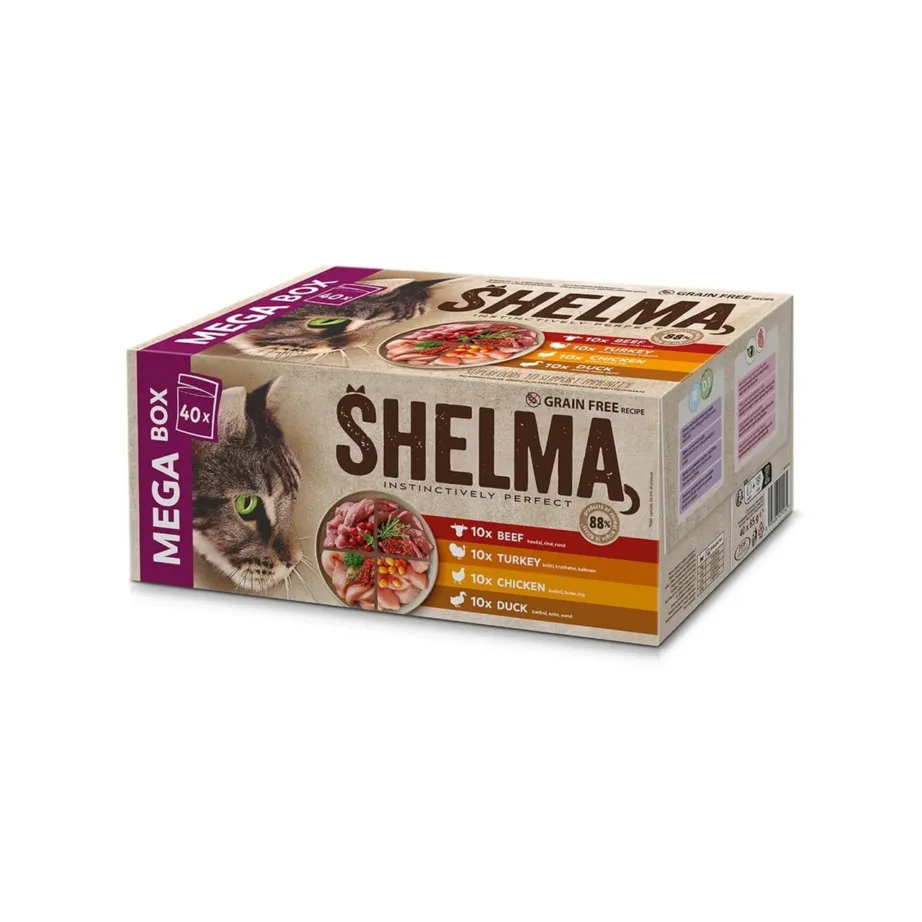 SHELMA 40x85g teraviljavaba täissööt erinevate maitsetega täiskasvanud kassidele (märgtoit, suhkru- ja gluteenivaba)