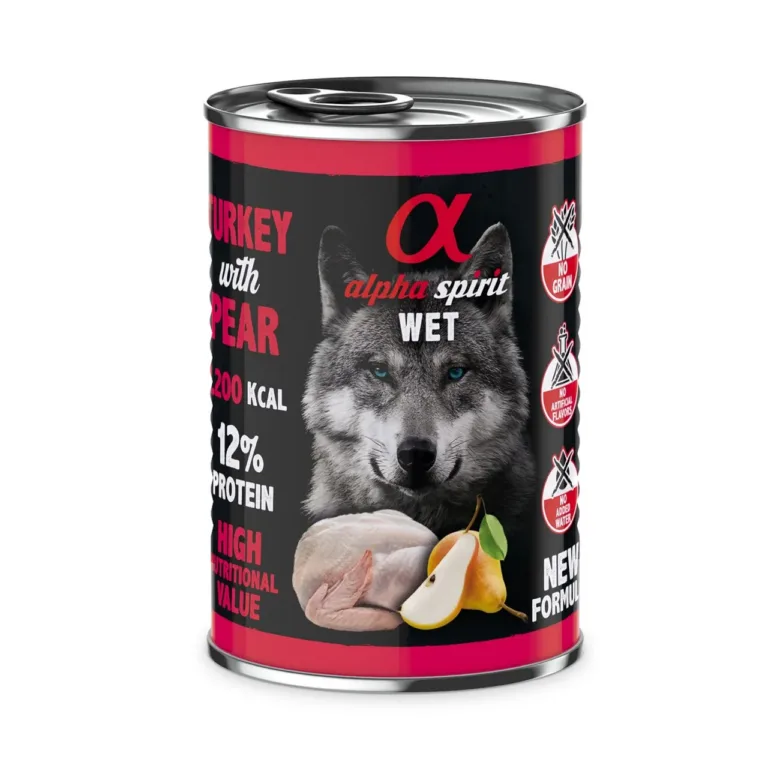 kalkuniga märgtoit koertele Alpha Spirit 400g konservis