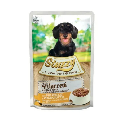 Kana ja singiga koeratoit Stuzzy Sfilaccetti pakendis