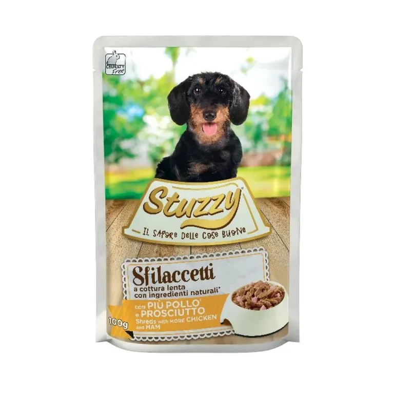 Kana ja singiga koeratoit Stuzzy Sfilaccetti pakendis