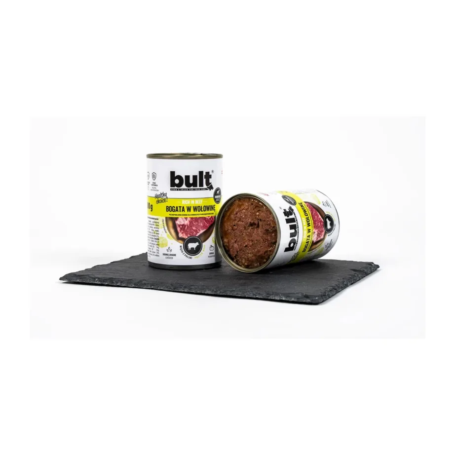 BULT veiselihaga märg koeratoit 800g purkide ja toidu lähipilt