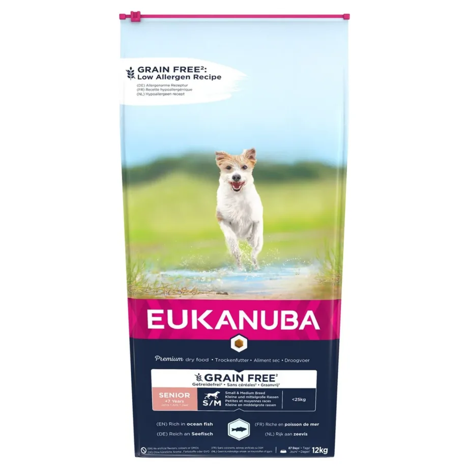 EUKANUBA Grain Free Senior 12 kg gluteenivaba kala kuivtoit väikestele ja keskmistele eakatele koertele