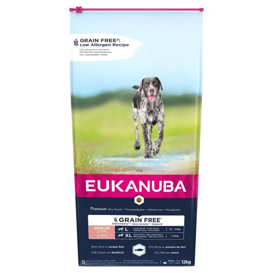 EUKANUBA Grain Free Senior 12 kg kalamaitseline kuivtoit suurtele ja hiiglaslikele eakatele koertele