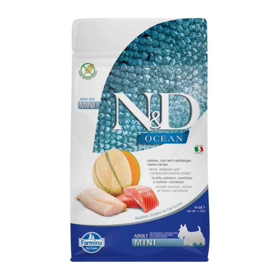 Farmina N&D Ocean Adult Mini 800 g lõhe, tursa ja meloniga gluteenivaba kuivtoit väikestele täiskasvanud koertele